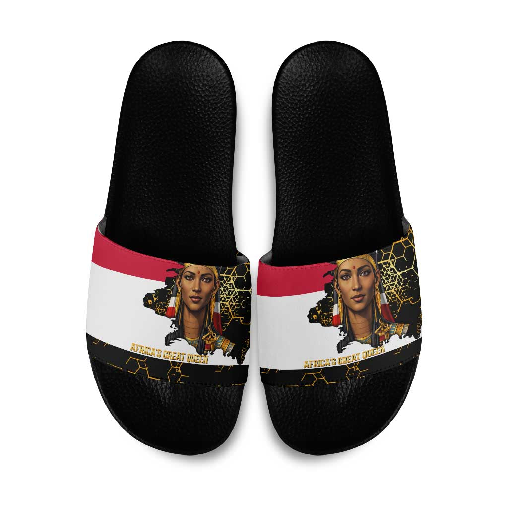 Hatshepsut Slide Sandals with Royal Portrait, Pre-Colonial Empires Text and Red-Black Honeycomb - Wonder Print Shop