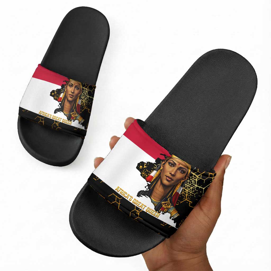 Hatshepsut Slide Sandals with Royal Portrait, Pre-Colonial Empires Text and Red-Black Honeycomb - Wonder Print Shop
