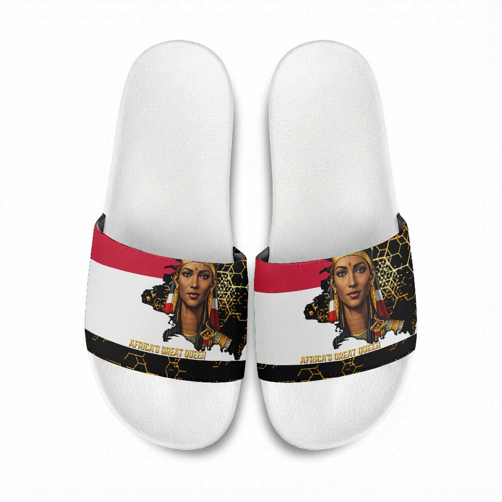 Hatshepsut Slide Sandals with Royal Portrait, Pre-Colonial Empires Text and Red-Black Honeycomb - Wonder Print Shop