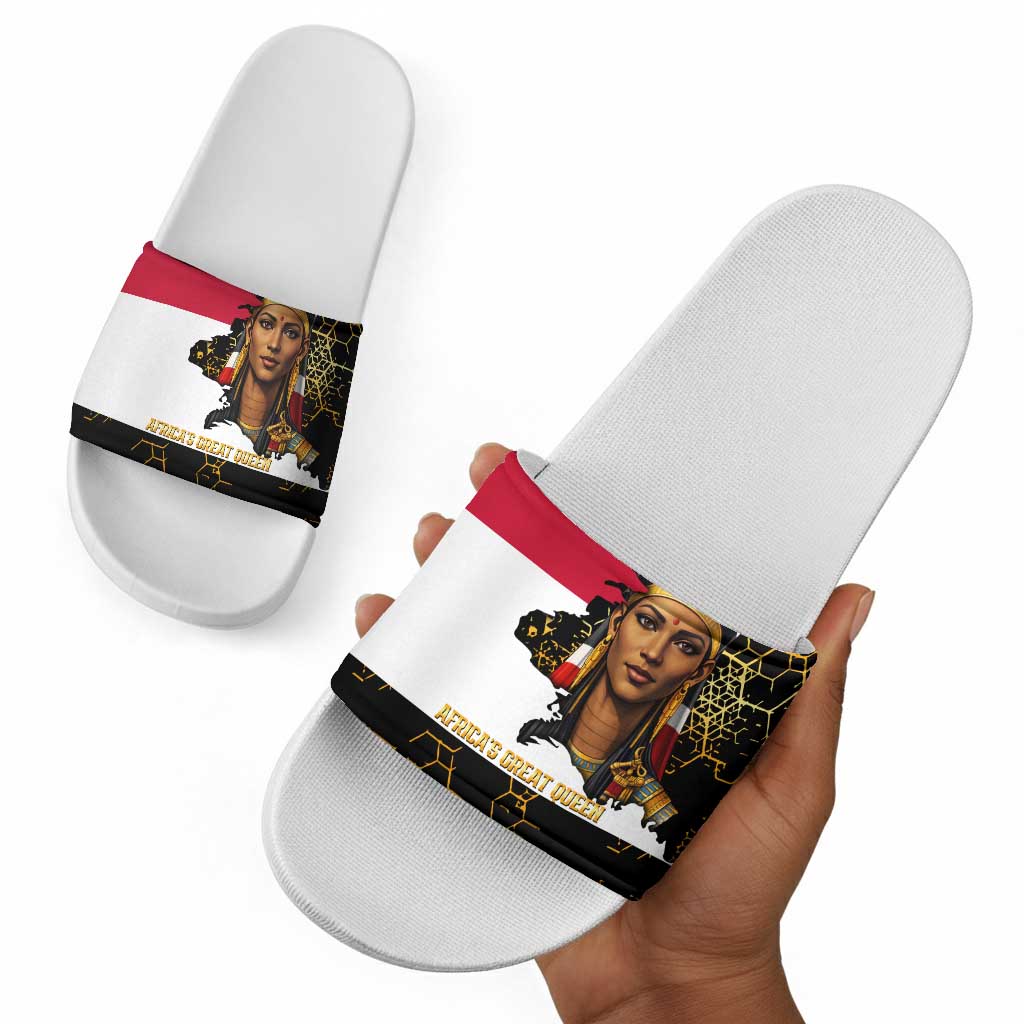 Hatshepsut Slide Sandals with Royal Portrait, Pre-Colonial Empires Text and Red-Black Honeycomb - Wonder Print Shop