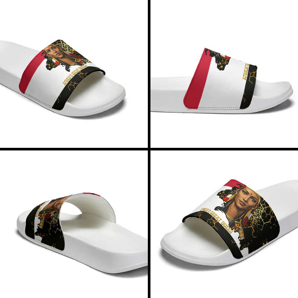 Hatshepsut Slide Sandals with Royal Portrait, Pre-Colonial Empires Text and Red-Black Honeycomb - Wonder Print Shop
