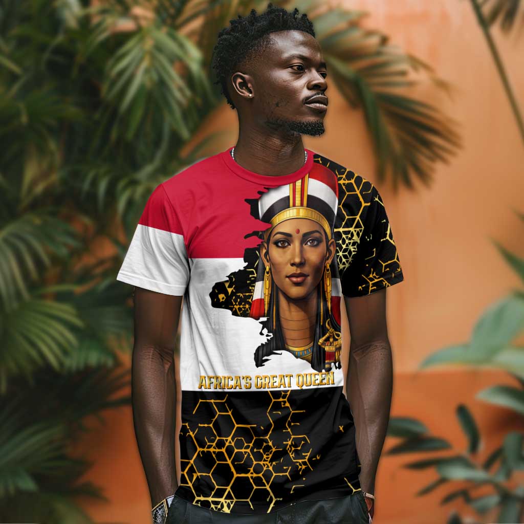Hatshepsut T shirt with Royal Portrait, Pre-Colonial Empires Text and Red-Black Honeycomb - Wonder Print Shop