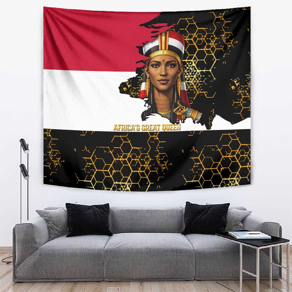 Hatshepsut Tapestry with Royal Portrait, Pre-Colonial Empires Text and Red-Black Honeycomb - Wonder Print Shop