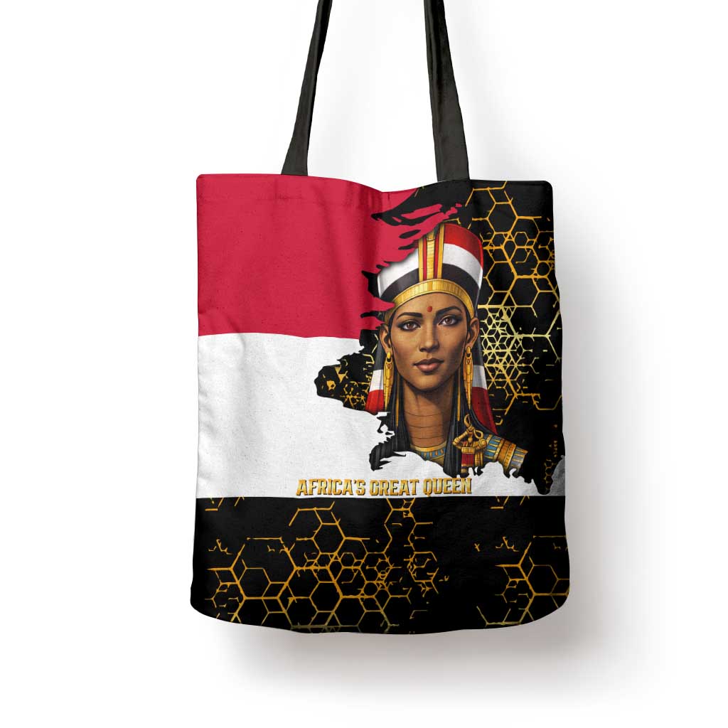 Hatshepsut Tote Bag with Royal Portrait, Pre-Colonial Empires Text and Red-Black Honeycomb - Wonder Print Shop