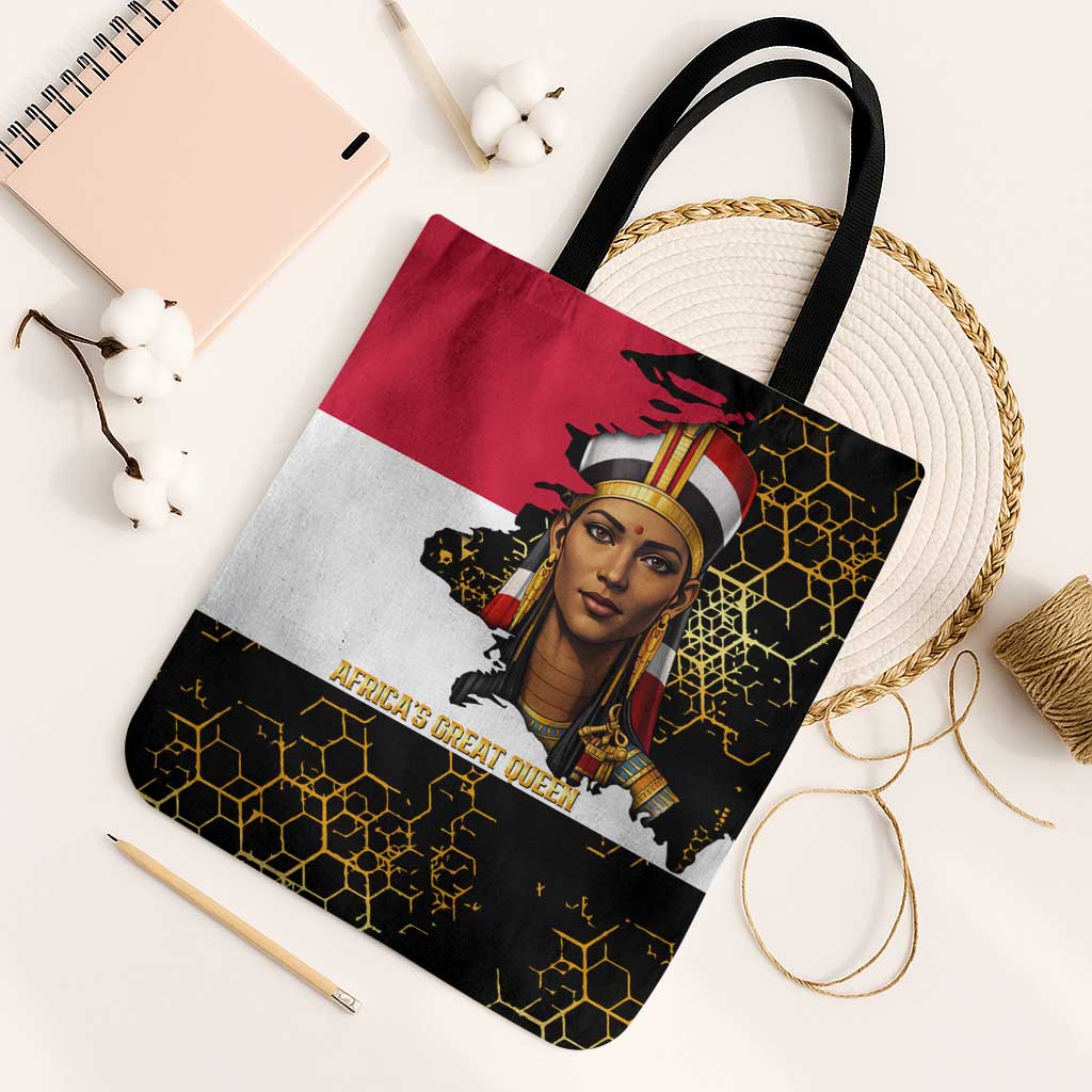 Hatshepsut Tote Bag with Royal Portrait, Pre-Colonial Empires Text and Red-Black Honeycomb - Wonder Print Shop