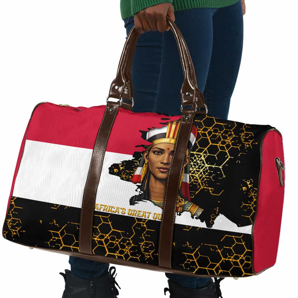 Hatshepsut Travel Bag with Royal Portrait, Pre-Colonial Empires Text and Red-Black Honeycomb - Wonder Print Shop