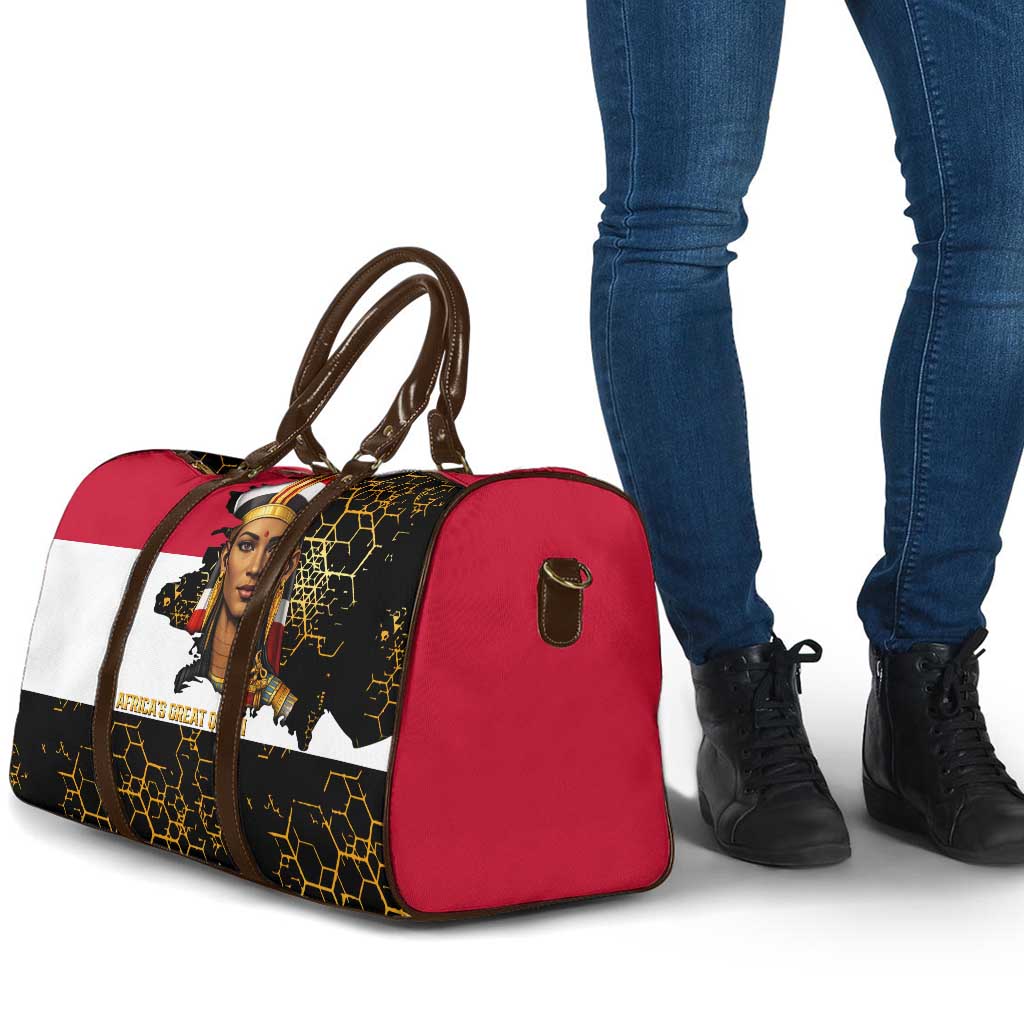 Hatshepsut Travel Bag with Royal Portrait, Pre-Colonial Empires Text and Red-Black Honeycomb - Wonder Print Shop