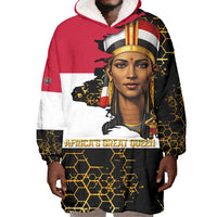 Hatshepsut Wearable Blanket Hoodie with Royal Portrait, Pre-Colonial Empires Text and Red-Black Honeycomb - Wonder Print Shop