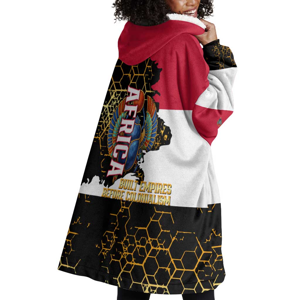 Hatshepsut Wearable Blanket Hoodie with Royal Portrait, Pre-Colonial Empires Text and Red-Black Honeycomb - Wonder Print Shop