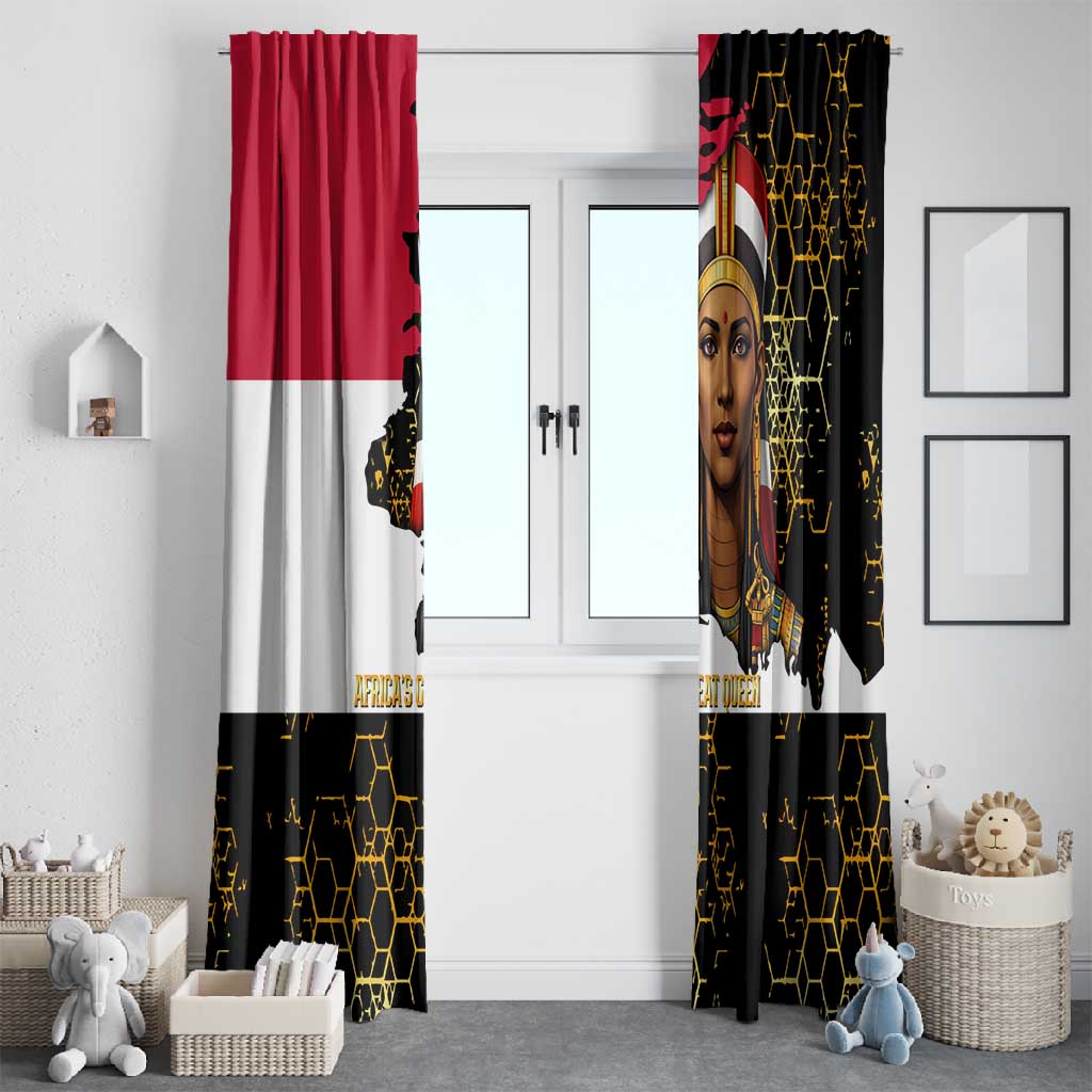 Hatshepsut Window Curtain with Royal Portrait, Pre-Colonial Empires Text and Red-Black Honeycomb - Wonder Print Shop
