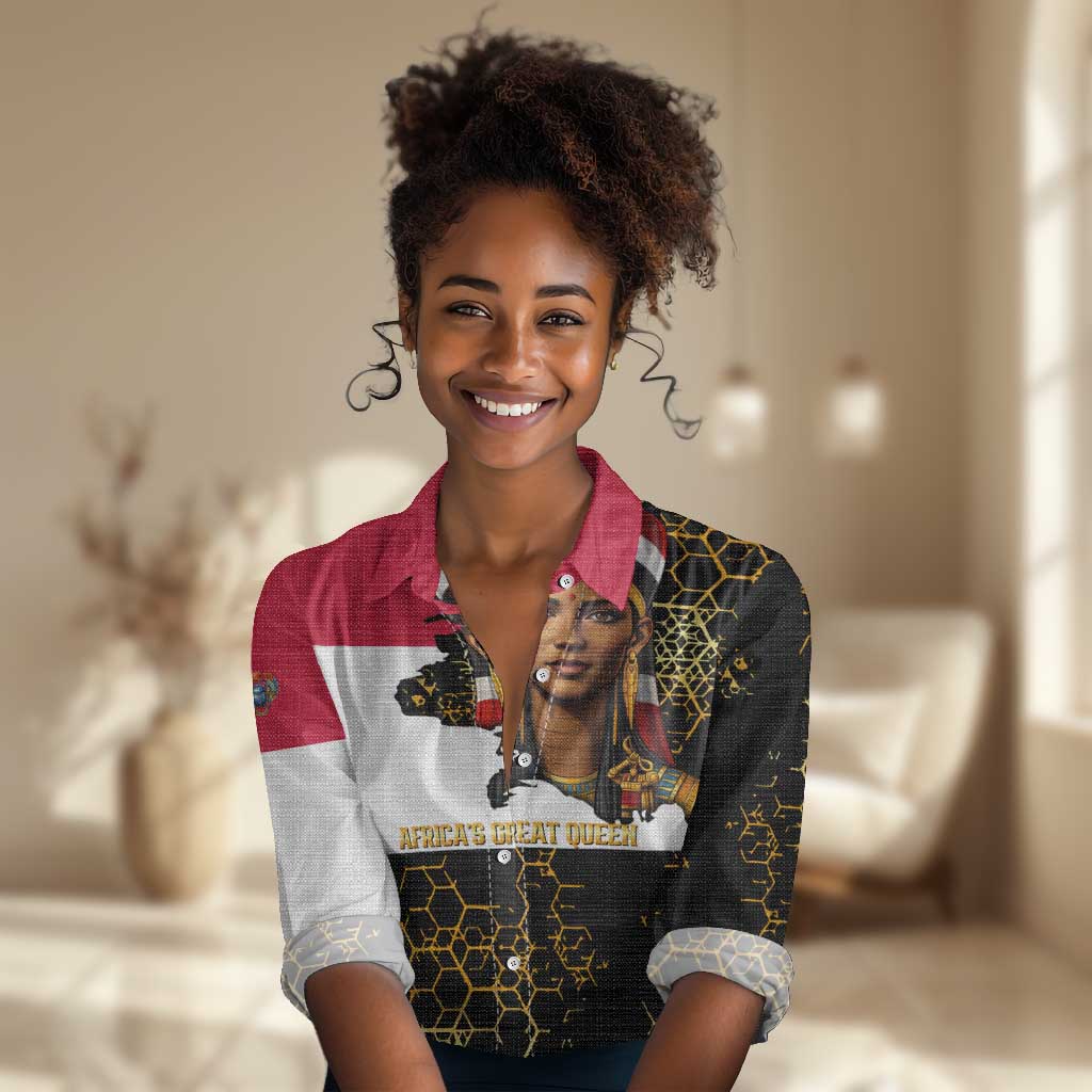 Hatshepsut Women Casual Shirt with Royal Portrait, Pre-Colonial Empires Text and Red-Black Honeycomb - Wonder Print Shop