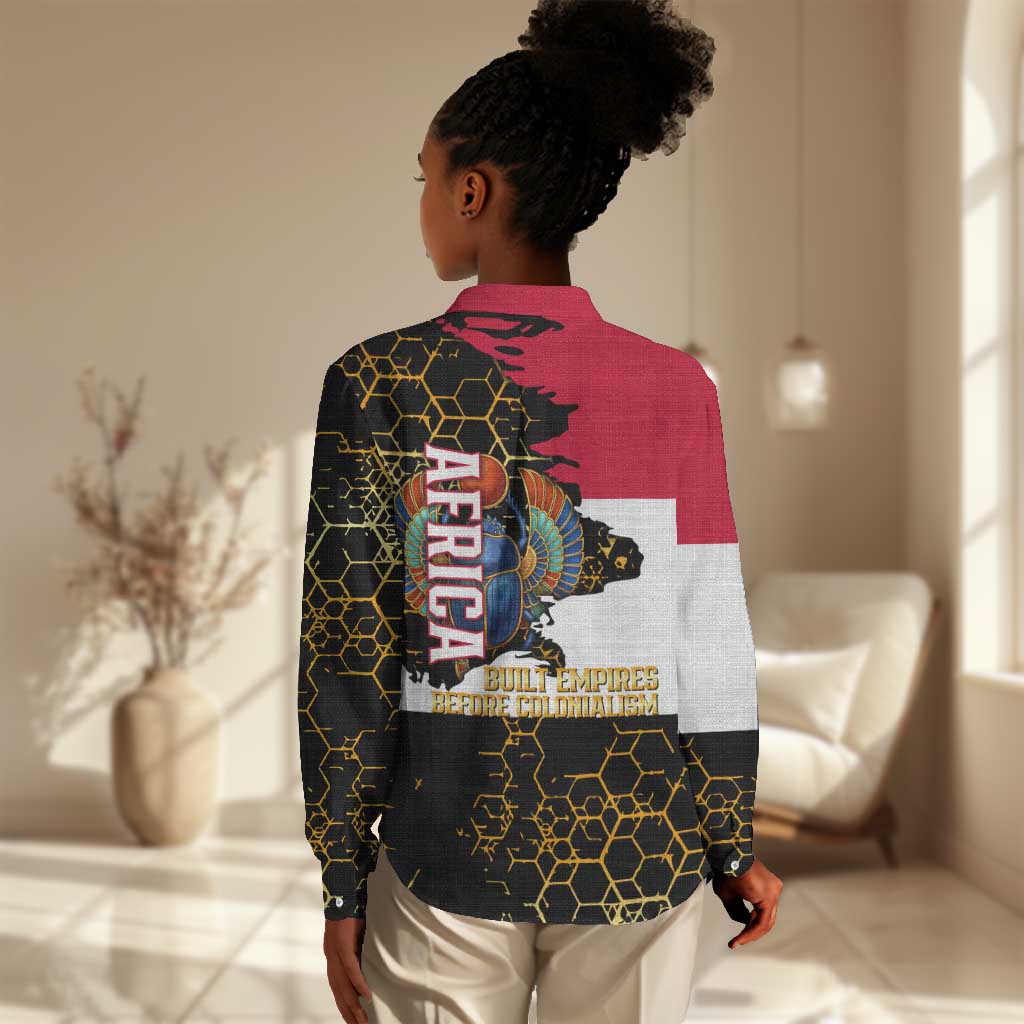 Hatshepsut Women Casual Shirt with Royal Portrait, Pre-Colonial Empires Text and Red-Black Honeycomb - Wonder Print Shop