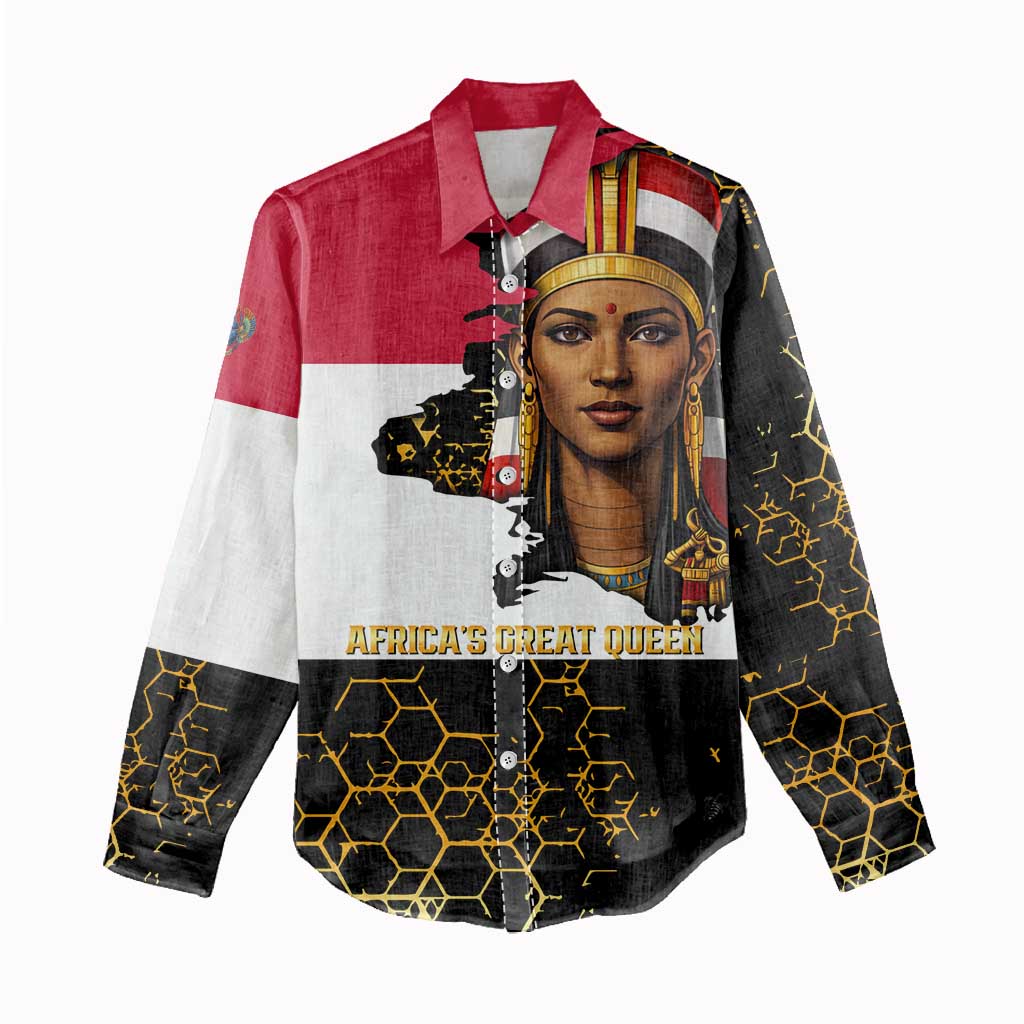 Hatshepsut Women Casual Shirt with Royal Portrait, Pre-Colonial Empires Text and Red-Black Honeycomb - Wonder Print Shop