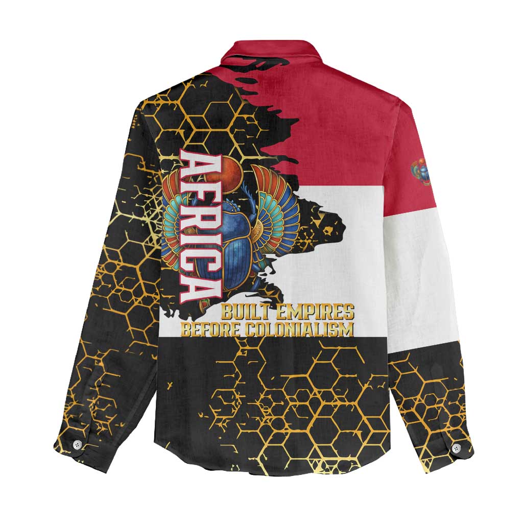 Hatshepsut Women Casual Shirt with Royal Portrait, Pre-Colonial Empires Text and Red-Black Honeycomb - Wonder Print Shop