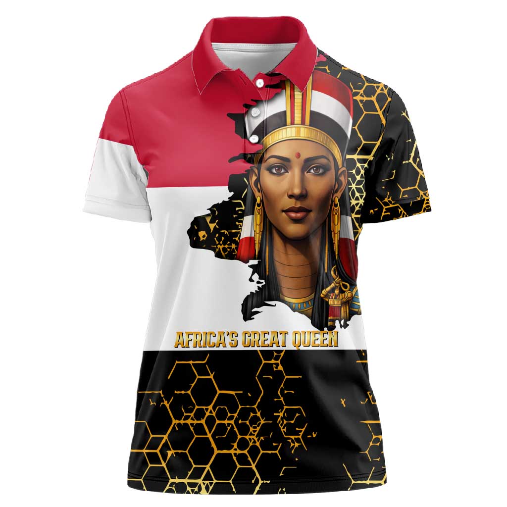 Hatshepsut Women Polo Shirt with Royal Portrait, Pre-Colonial Empires Text and Red-Black Honeycomb - Wonder Print Shop