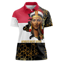 Hatshepsut Women Polo Shirt with Royal Portrait, Pre-Colonial Empires Text and Red-Black Honeycomb - Wonder Print Shop