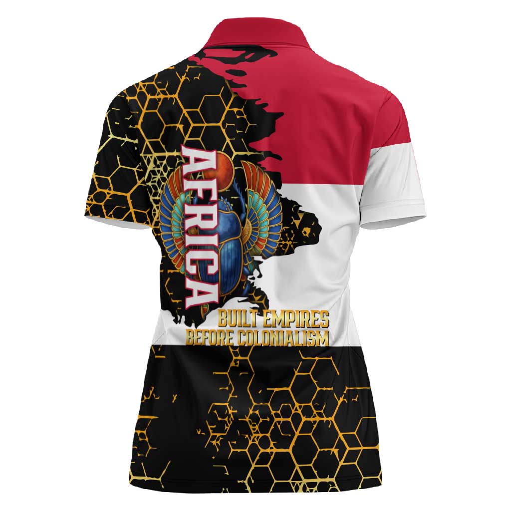 Hatshepsut Women Polo Shirt with Royal Portrait, Pre-Colonial Empires Text and Red-Black Honeycomb - Wonder Print Shop