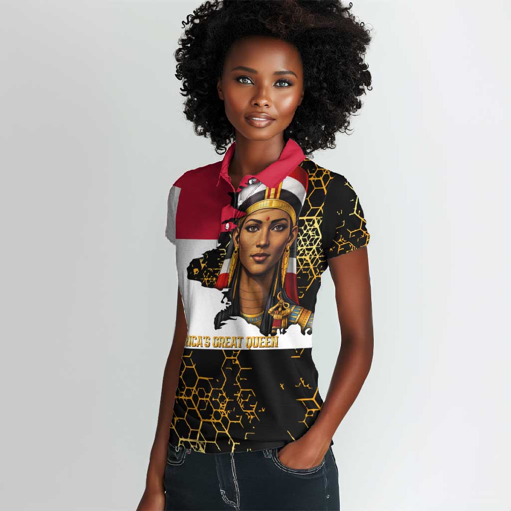 Hatshepsut Women Polo Shirt with Royal Portrait, Pre-Colonial Empires Text and Red-Black Honeycomb - Wonder Print Shop