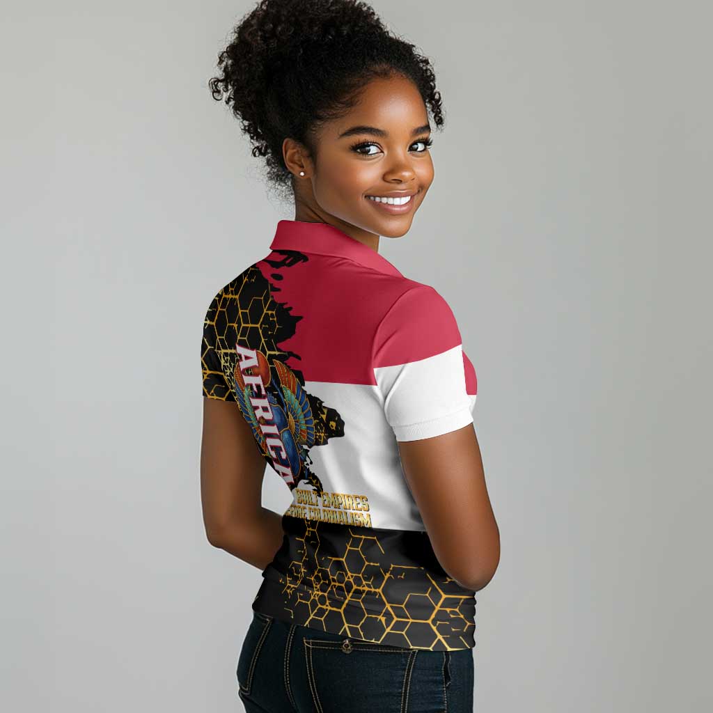 Hatshepsut Women Polo Shirt with Royal Portrait, Pre-Colonial Empires Text and Red-Black Honeycomb - Wonder Print Shop