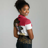 Hatshepsut Women Polo Shirt with Royal Portrait, Pre-Colonial Empires Text and Red-Black Honeycomb - Wonder Print Shop