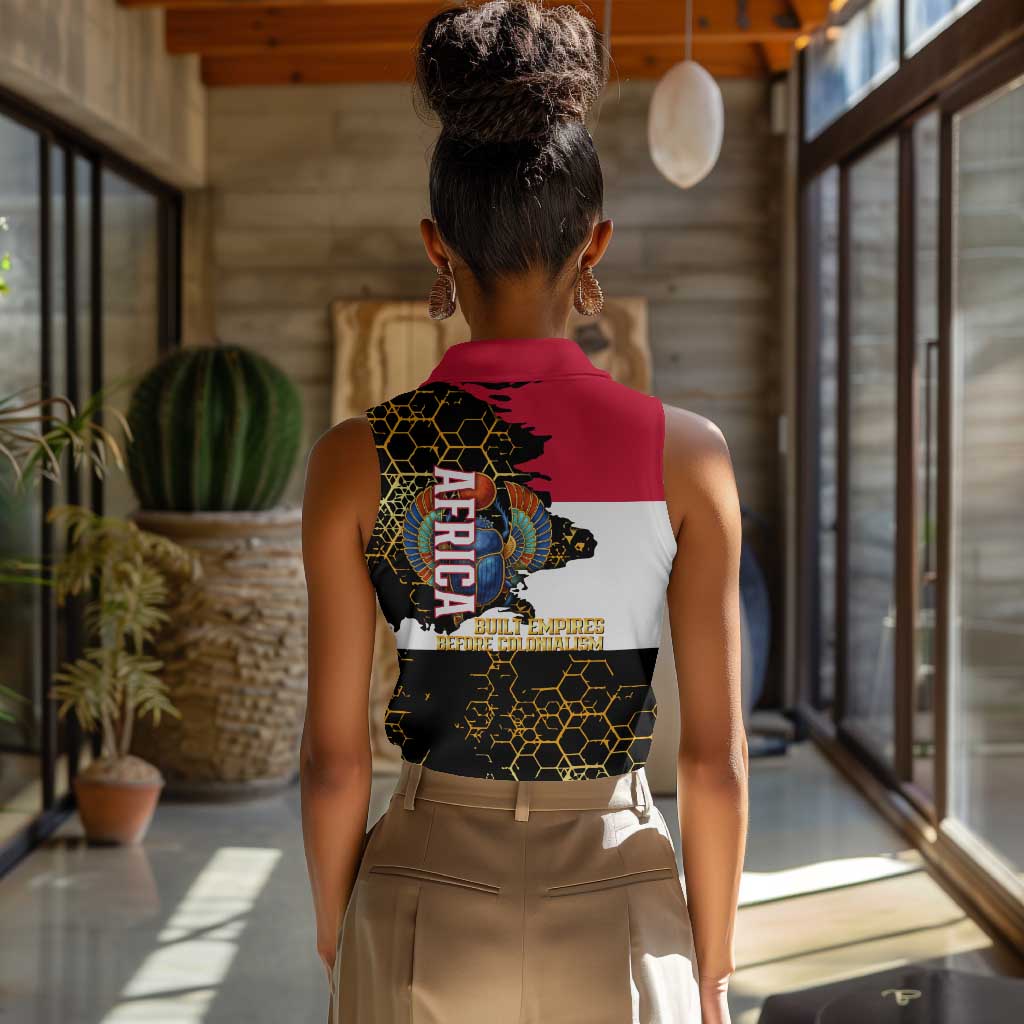 Hatshepsut Women Sleeveless Polo Shirt with Royal Portrait, Pre-Colonial Empires Text and Red-Black Honeycomb - Wonder Print Shop