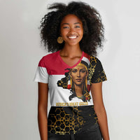 Hatshepsut Women V-Neck T-Shirt with Royal Portrait, Pre-Colonial Empires Text and Red-Black Honeycomb - Wonder Print Shop