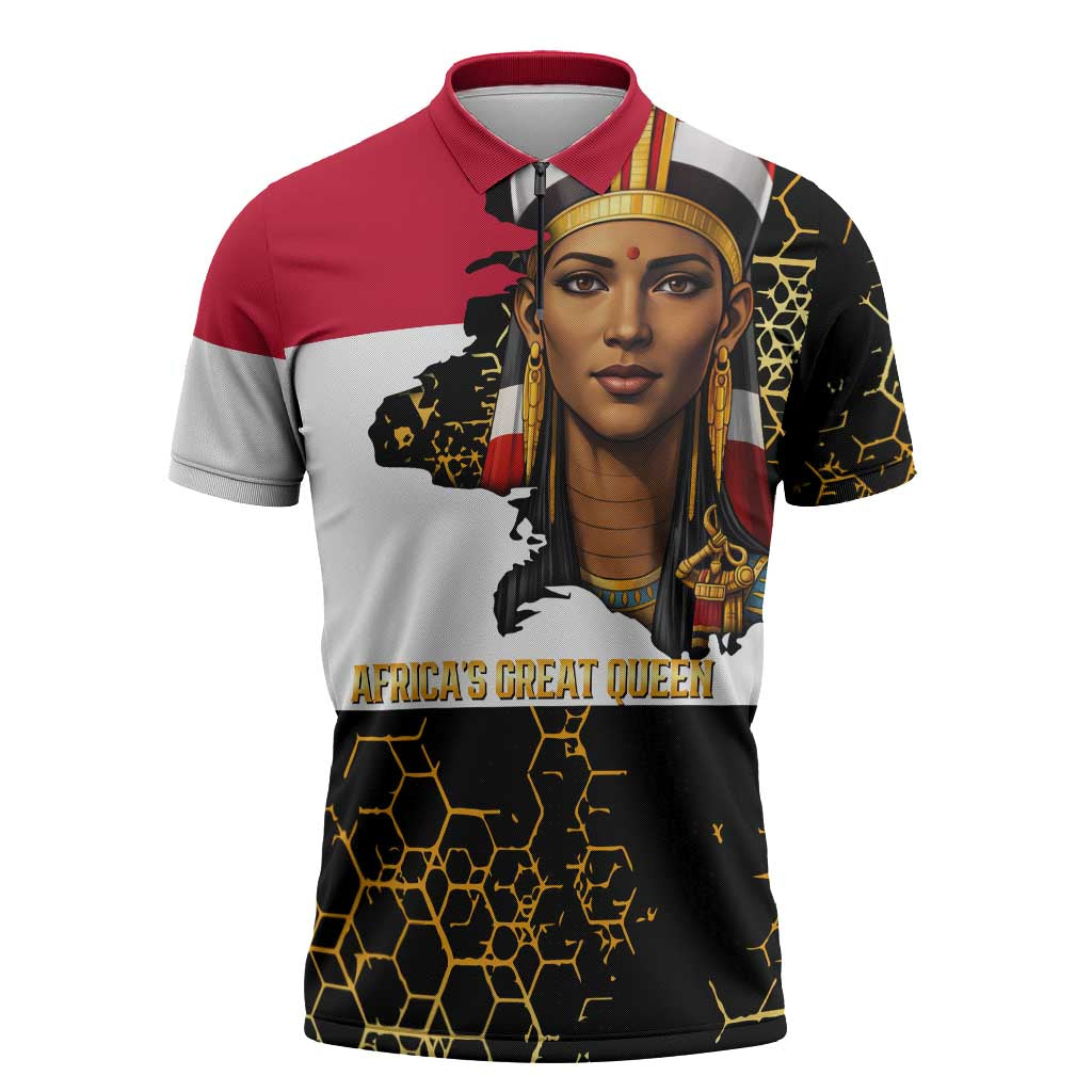 Hatshepsut Zipper Polo Shirt with Royal Portrait, Pre-Colonial Empires Text and Red-Black Honeycomb - Wonder Print Shop