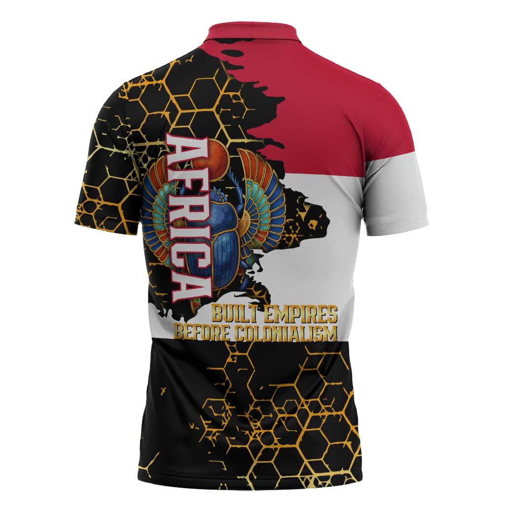 Hatshepsut Zipper Polo Shirt with Royal Portrait, Pre-Colonial Empires Text and Red-Black Honeycomb - Wonder Print Shop