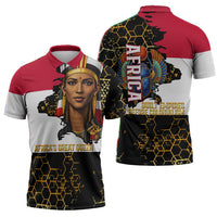 Hatshepsut Zipper Polo Shirt with Royal Portrait, Pre-Colonial Empires Text and Red-Black Honeycomb - Wonder Print Shop
