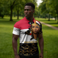 Hatshepsut Zipper Polo Shirt with Royal Portrait, Pre-Colonial Empires Text and Red-Black Honeycomb - Wonder Print Shop