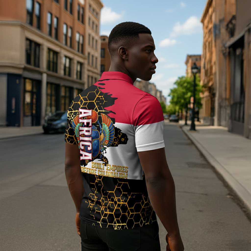 Hatshepsut Zipper Polo Shirt with Royal Portrait, Pre-Colonial Empires Text and Red-Black Honeycomb - Wonder Print Shop