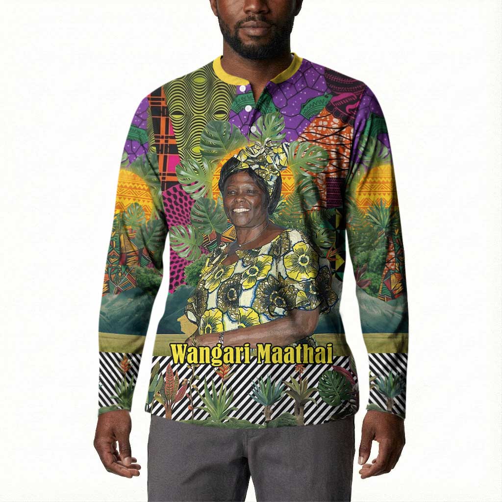 Wangari Maathai Button Sweatshirt Colorful Nature-Inspired Design Empowerment Quote African Print Environmental