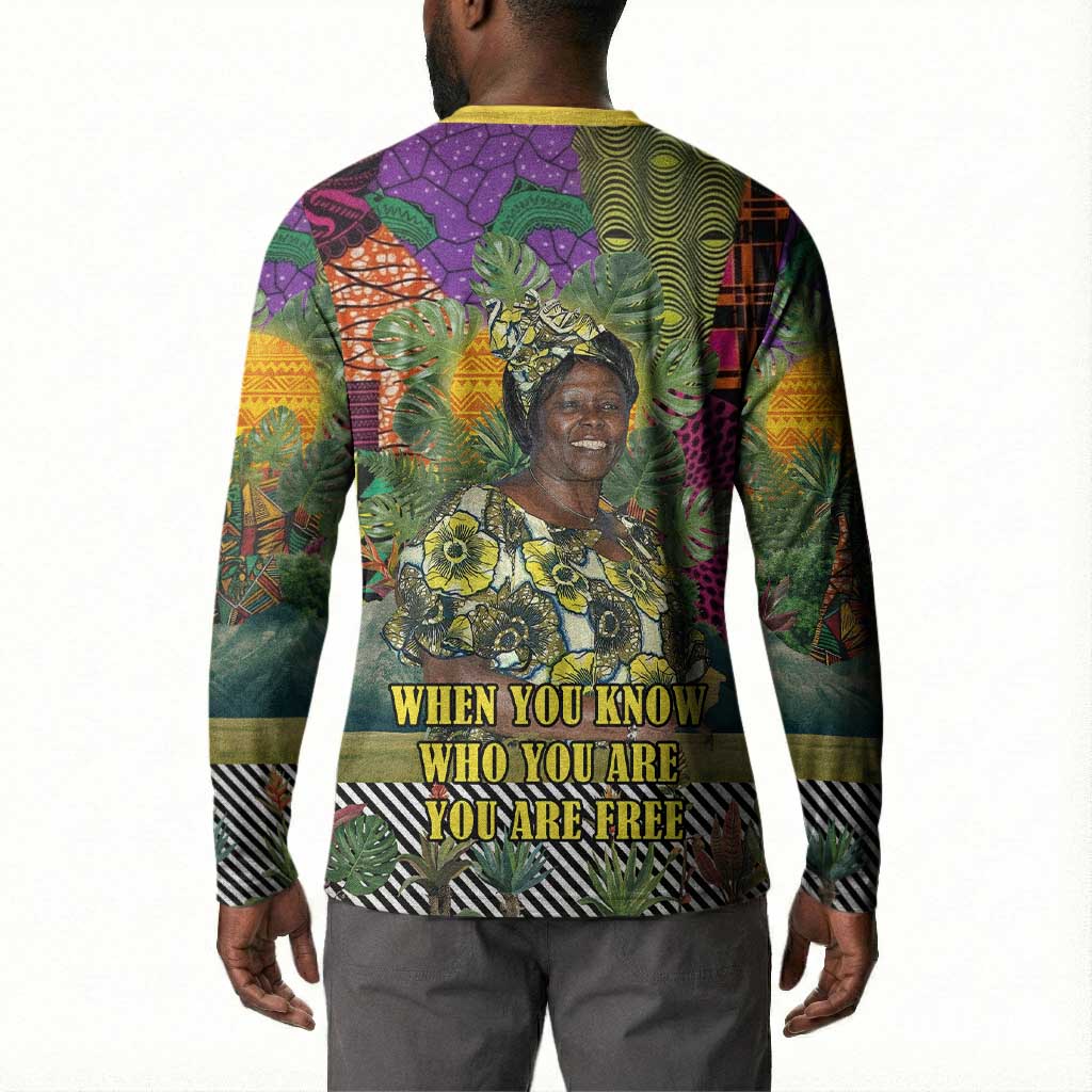 Wangari Maathai Button Sweatshirt Colorful Nature-Inspired Design Empowerment Quote African Print Environmental
