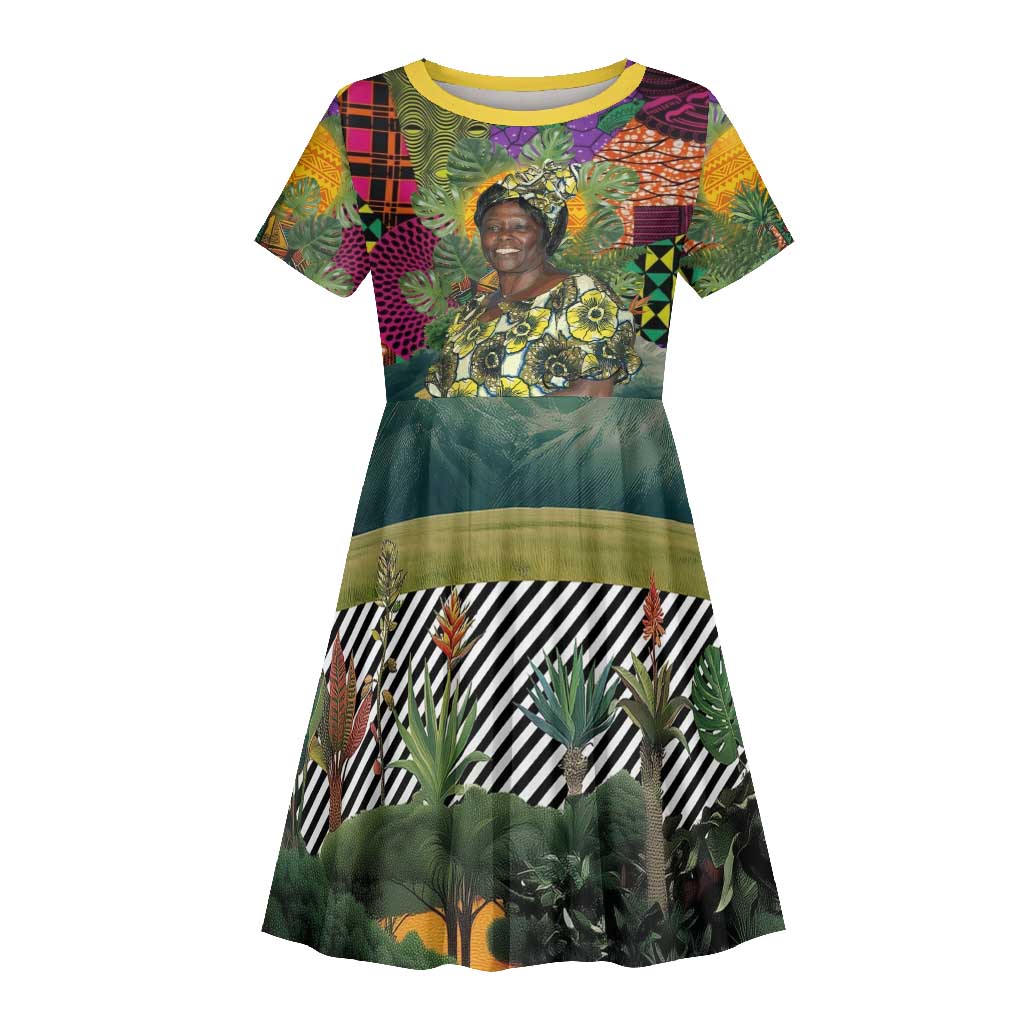 Wangari Maathai Kid Short Sleeve Dress Colorful Nature-Inspired Design Empowerment Quote African Print Environmental - Wonder Print Shop