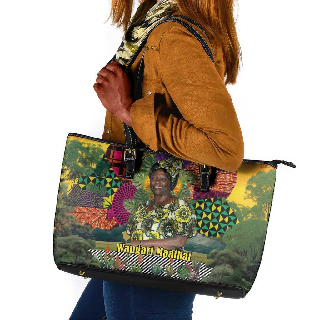 Wangari Maathai Leather Tote Bag Colorful Nature-Inspired Design Empowerment Quote African Print Environmental - Wonder Print Shop