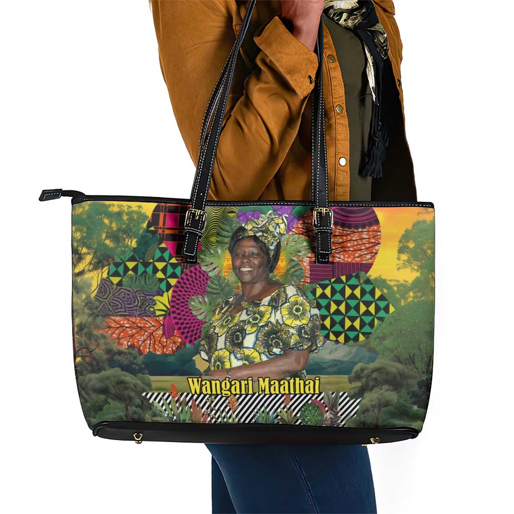 Wangari Maathai Leather Tote Bag Colorful Nature-Inspired Design Empowerment Quote African Print Environmental - Wonder Print Shop