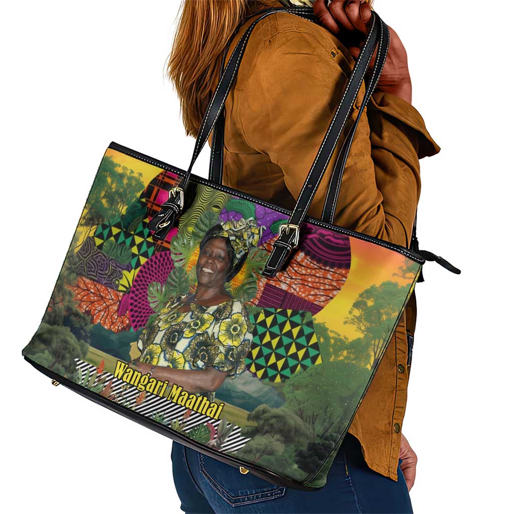 Wangari Maathai Leather Tote Bag Colorful Nature-Inspired Design Empowerment Quote African Print Environmental - Wonder Print Shop