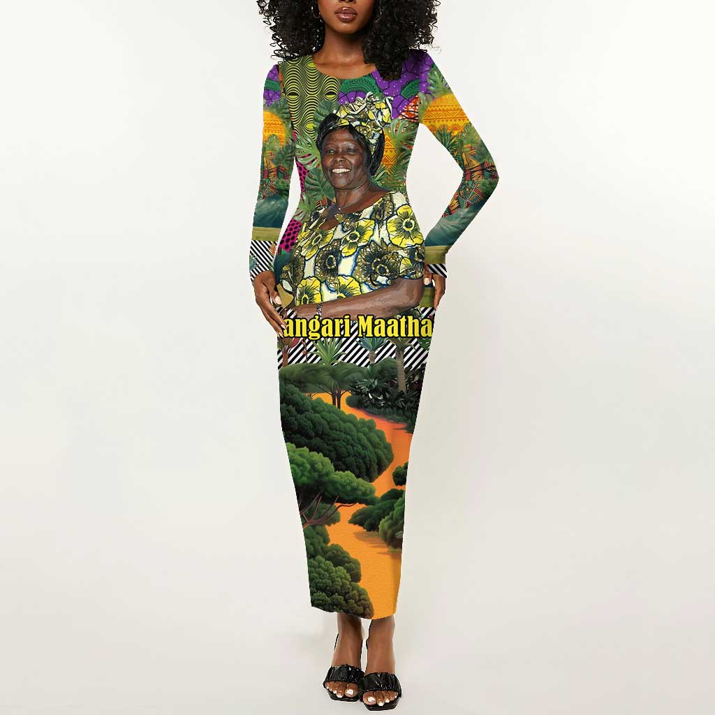 Wangari Maathai Long Sleeve Bodycon Dress Colorful Nature-Inspired Design Empowerment Quote African Print Environmental - Wonder Print Shop