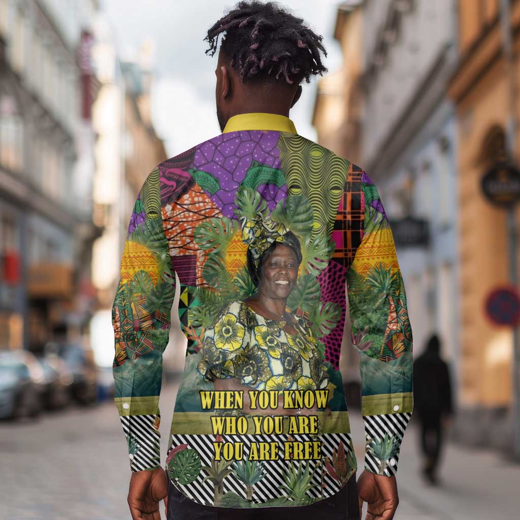 Wangari Maathai Long Sleeve Button Shirt Colorful Nature-Inspired Design Empowerment Quote African Print Environmental - Wonder Print Shop