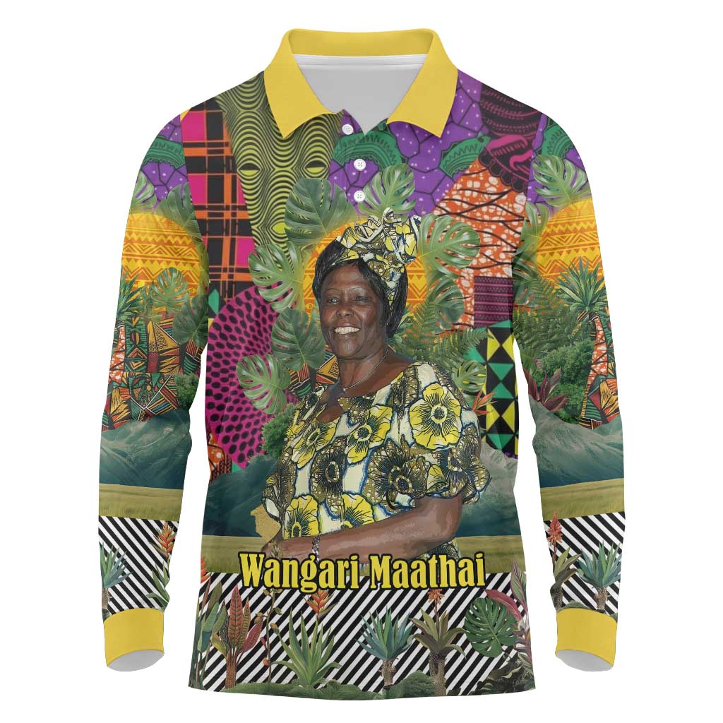 Wangari Maathai Long Sleeve Polo Shirt Colorful Nature-Inspired Design Empowerment Quote African Print Environmental - Wonder Print Shop