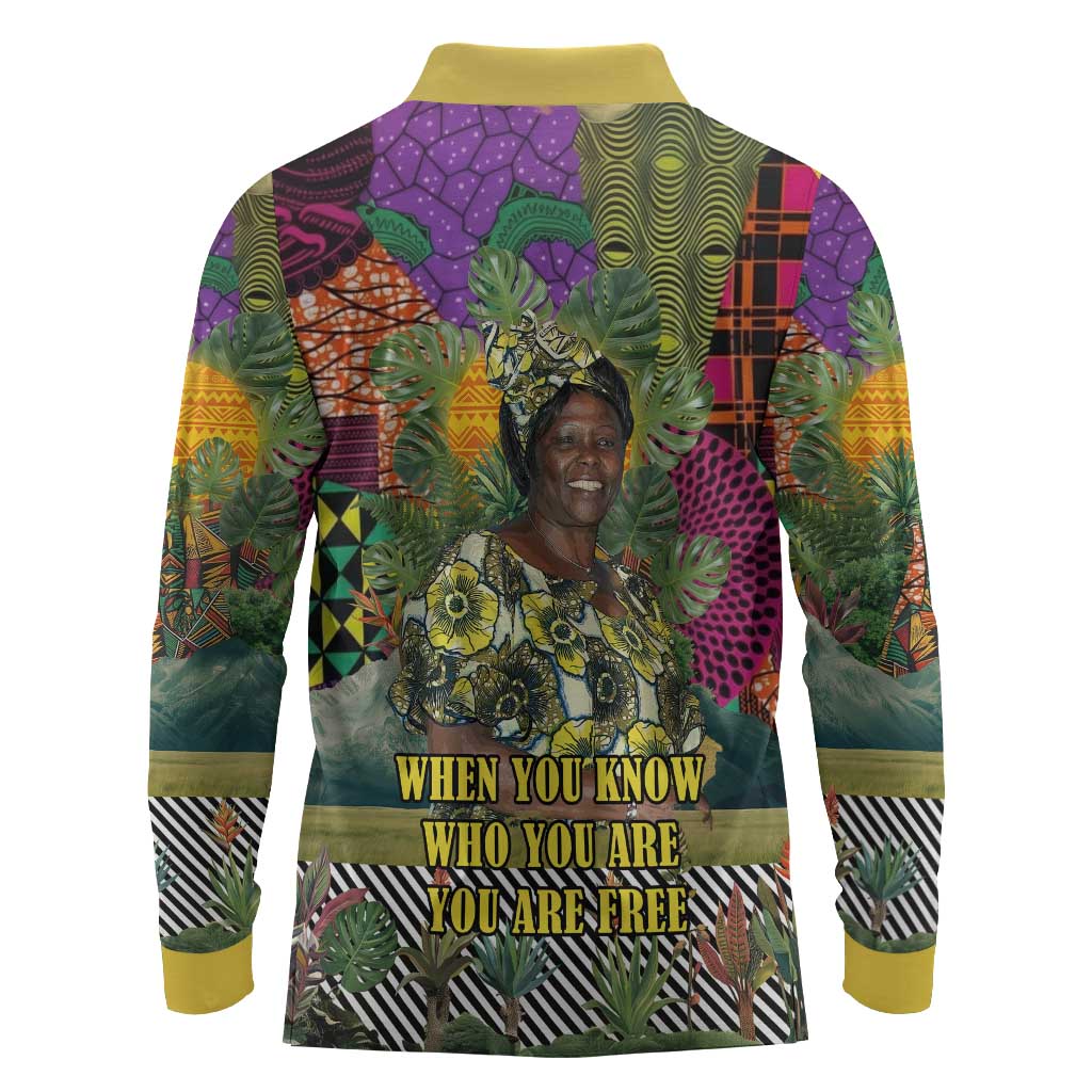 Wangari Maathai Long Sleeve Polo Shirt Colorful Nature-Inspired Design Empowerment Quote African Print Environmental - Wonder Print Shop