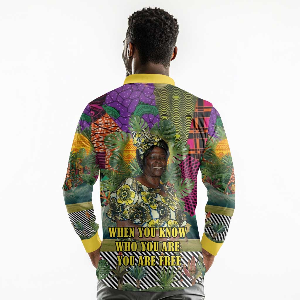 Wangari Maathai Long Sleeve Polo Shirt Colorful Nature-Inspired Design Empowerment Quote African Print Environmental - Wonder Print Shop