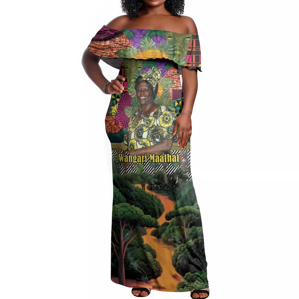 Wangari Maathai Off Shoulder Maxi Dress Colorful Nature-Inspired Design Empowerment Quote African Print Environmental - Wonder Print Shop