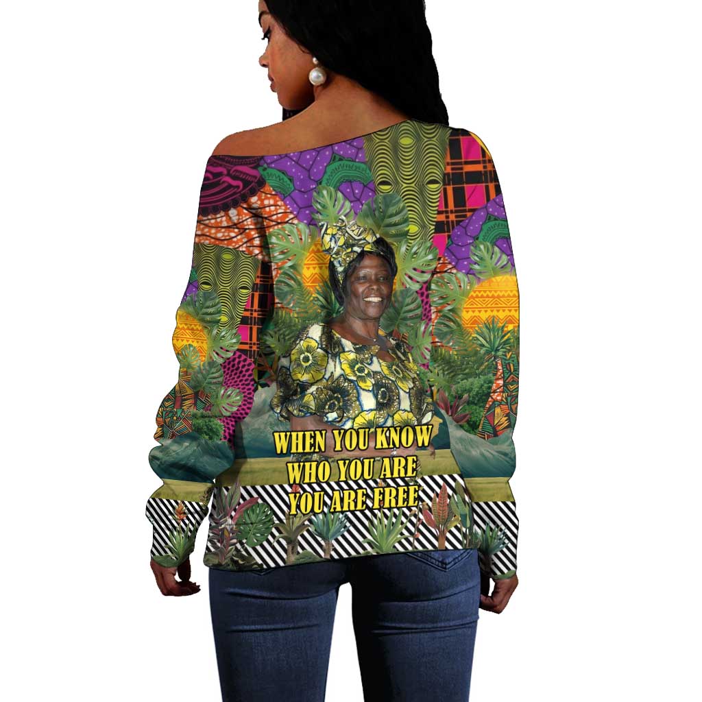 Wangari Maathai Off Shoulder Sweater Colorful Nature-Inspired Design Empowerment Quote African Print Environmental - Wonder Print Shop