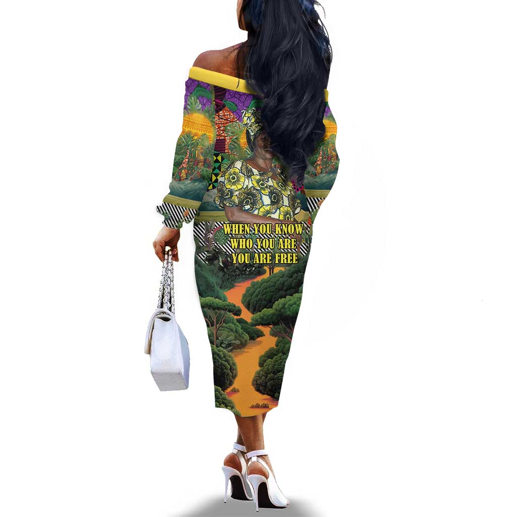 Wangari Maathai Off The Shoulder Long Sleeve Dress Colorful Nature-Inspired Design Empowerment Quote African Print Environmental - Wonder Print Shop