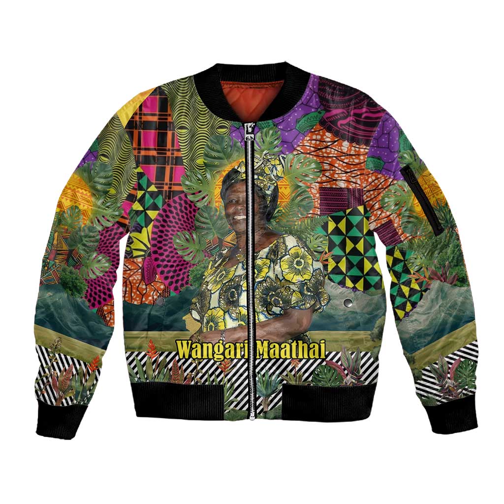 Wangari Maathai Sleeve Zip Bomber Jacket Colorful Nature-Inspired Design Empowerment Quote African Print Environmental - Wonder Print Shop