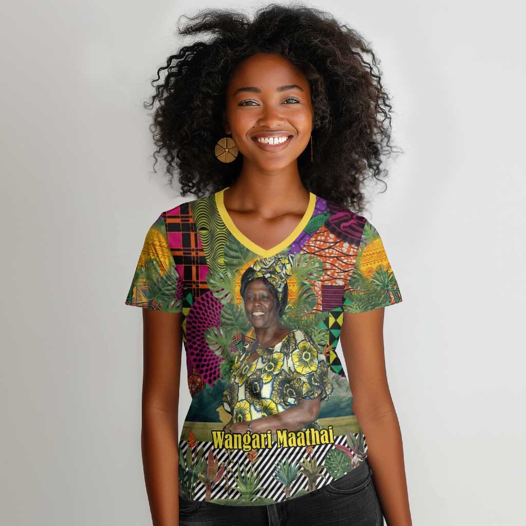 Wangari Maathai Women V-Neck T-Shirt Colorful Nature-Inspired Design Empowerment Quote African Print Environmental - Wonder Print Shop