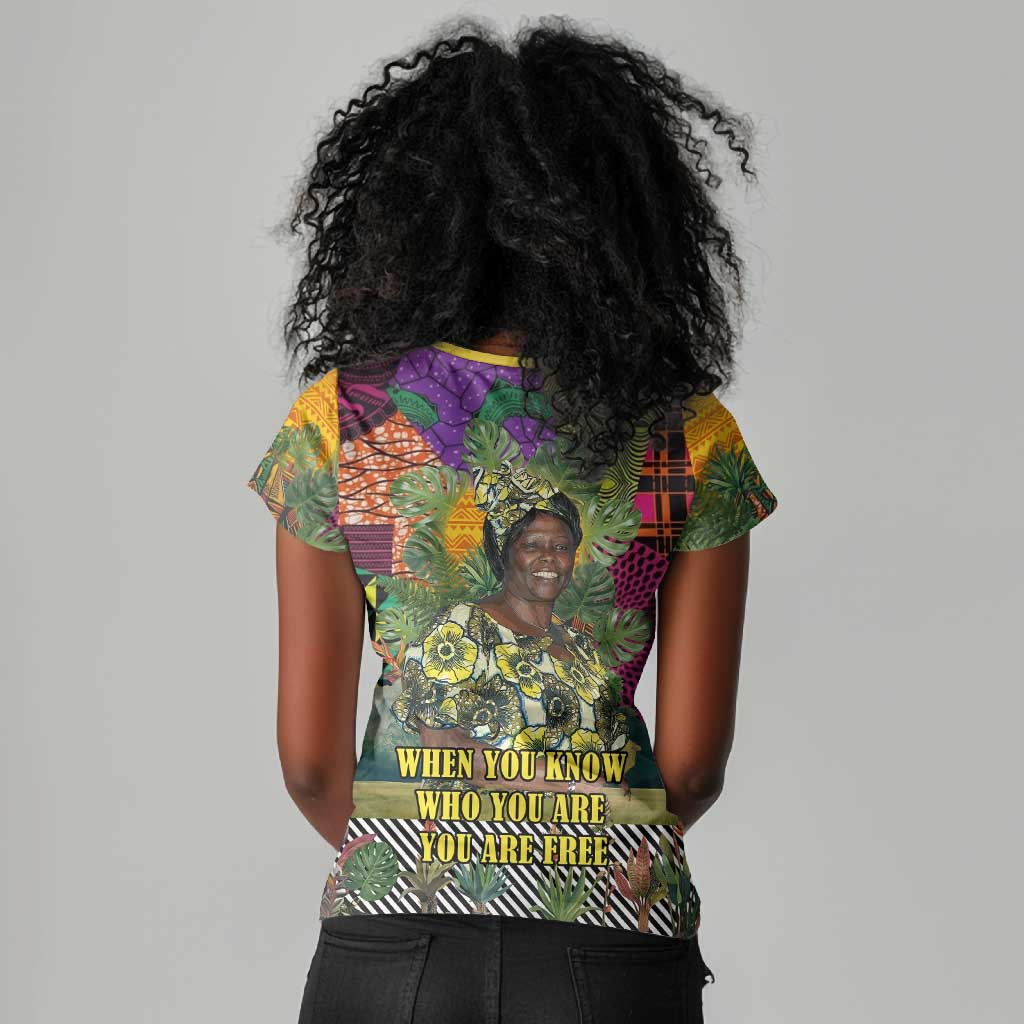 Wangari Maathai Women V-Neck T-Shirt Colorful Nature-Inspired Design Empowerment Quote African Print Environmental - Wonder Print Shop