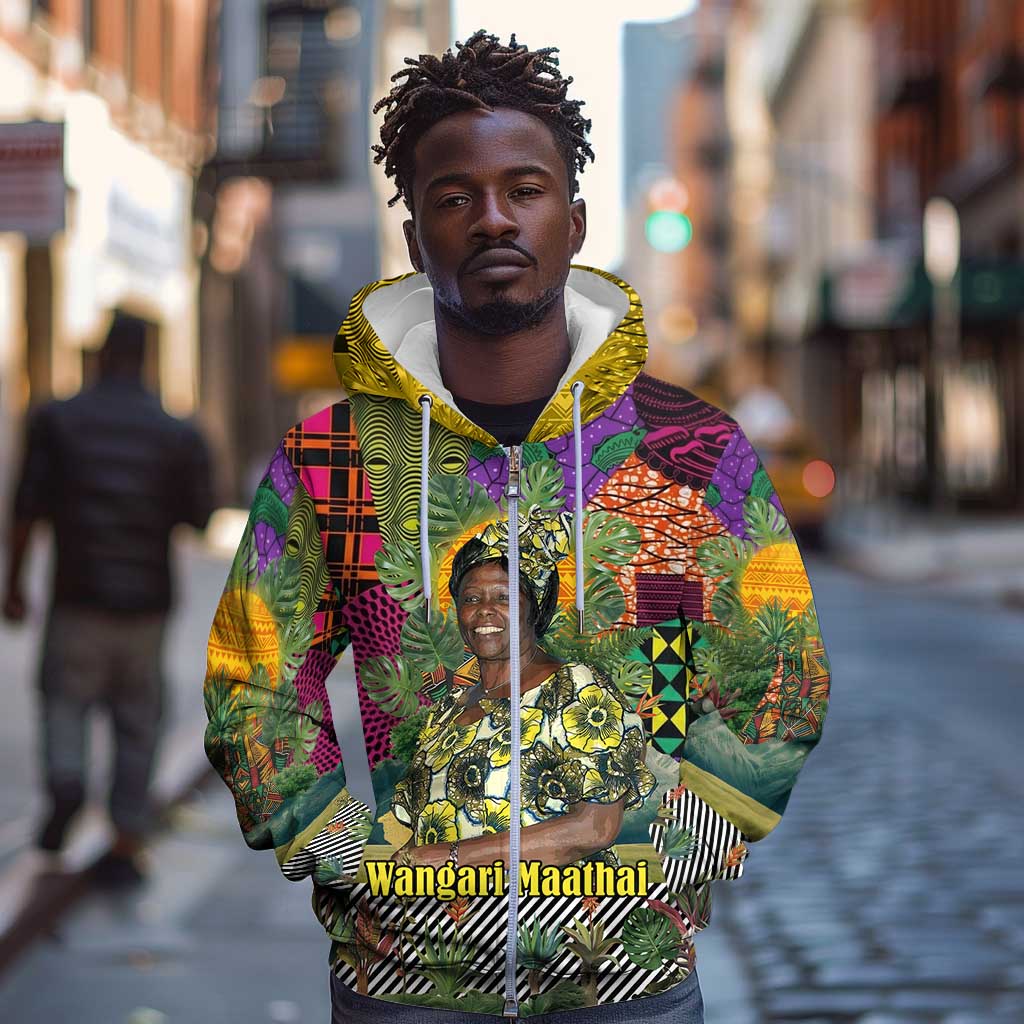 Wangari Maathai Zip Hoodie Colorful Nature-Inspired Design Empowerment Quote African Print Environmental - Wonder Print Shop