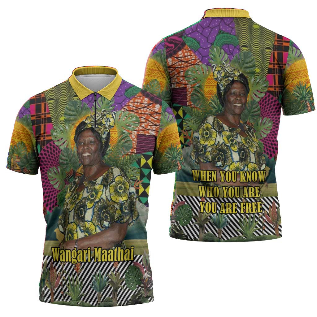 Wangari Maathai Zipper Polo Shirt Colorful Nature-Inspired Design Empowerment Quote African Print Environmental - Wonder Print Shop